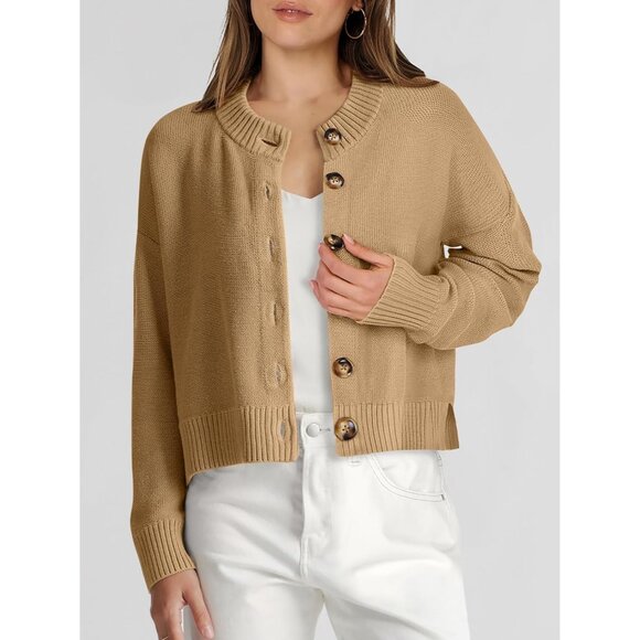 Women Knit Cardigan Sweater Open Front Button Long Sleeve Cropped Jacket - Picture 2 of 7